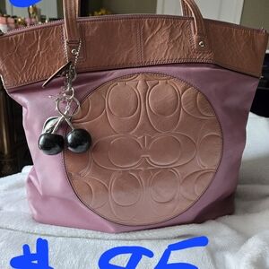 Coach Pink and Tan Signature Tote Bag